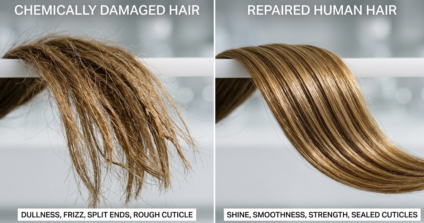 Microscopic view of chemically damaged hair vs molecularly repaired hair