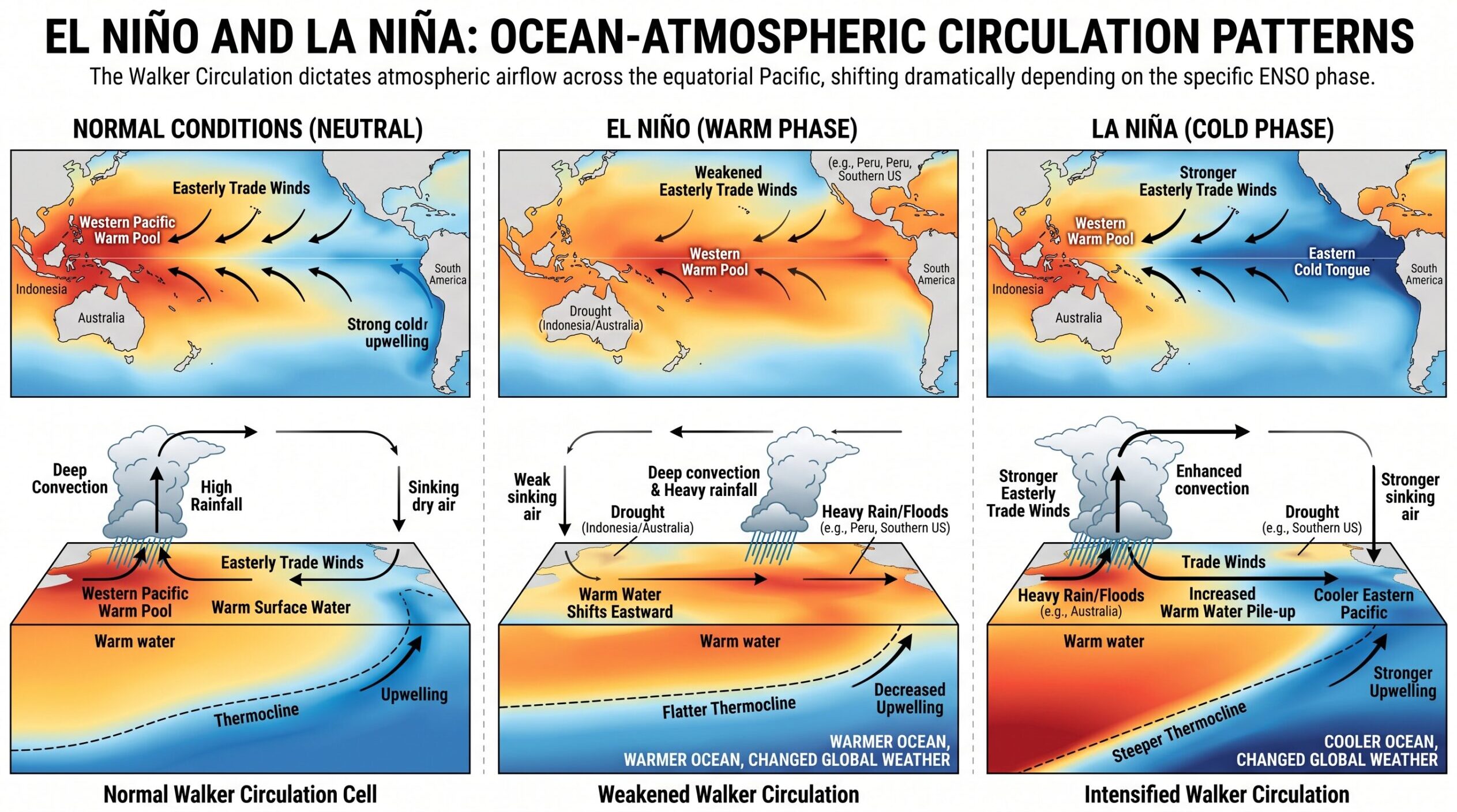 Diagram showing the El Nino and La Nina ocean atmospheric circulation patterns
