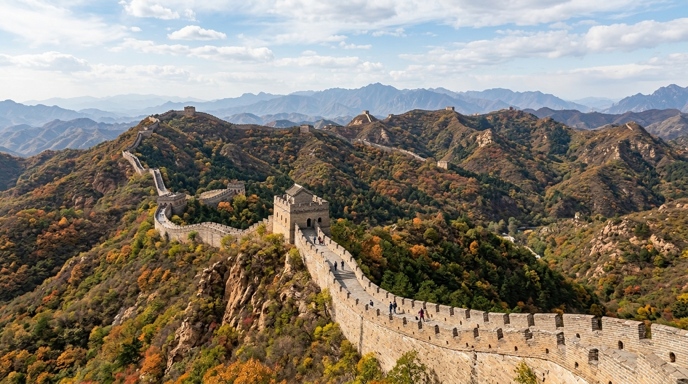 The Great Wall of China stretching across the mountains