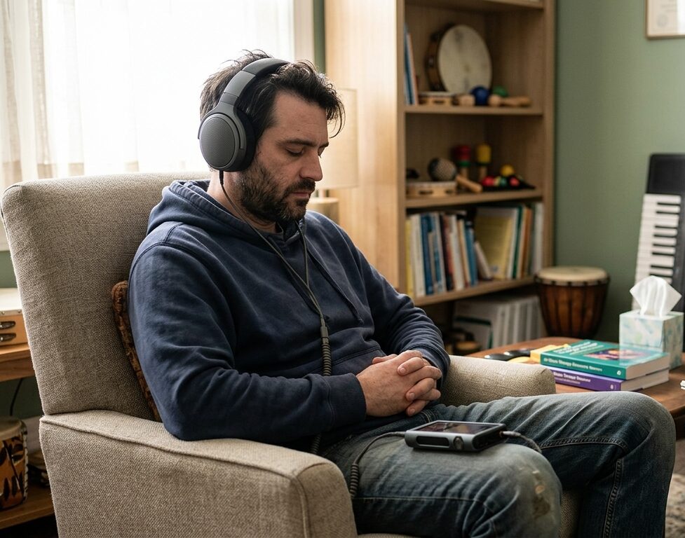 A person engaging in active music therapy