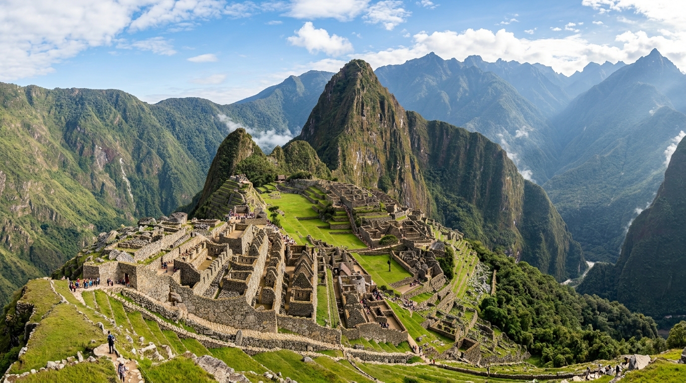 The ruins of Machu Picchu high in the Andes mountains