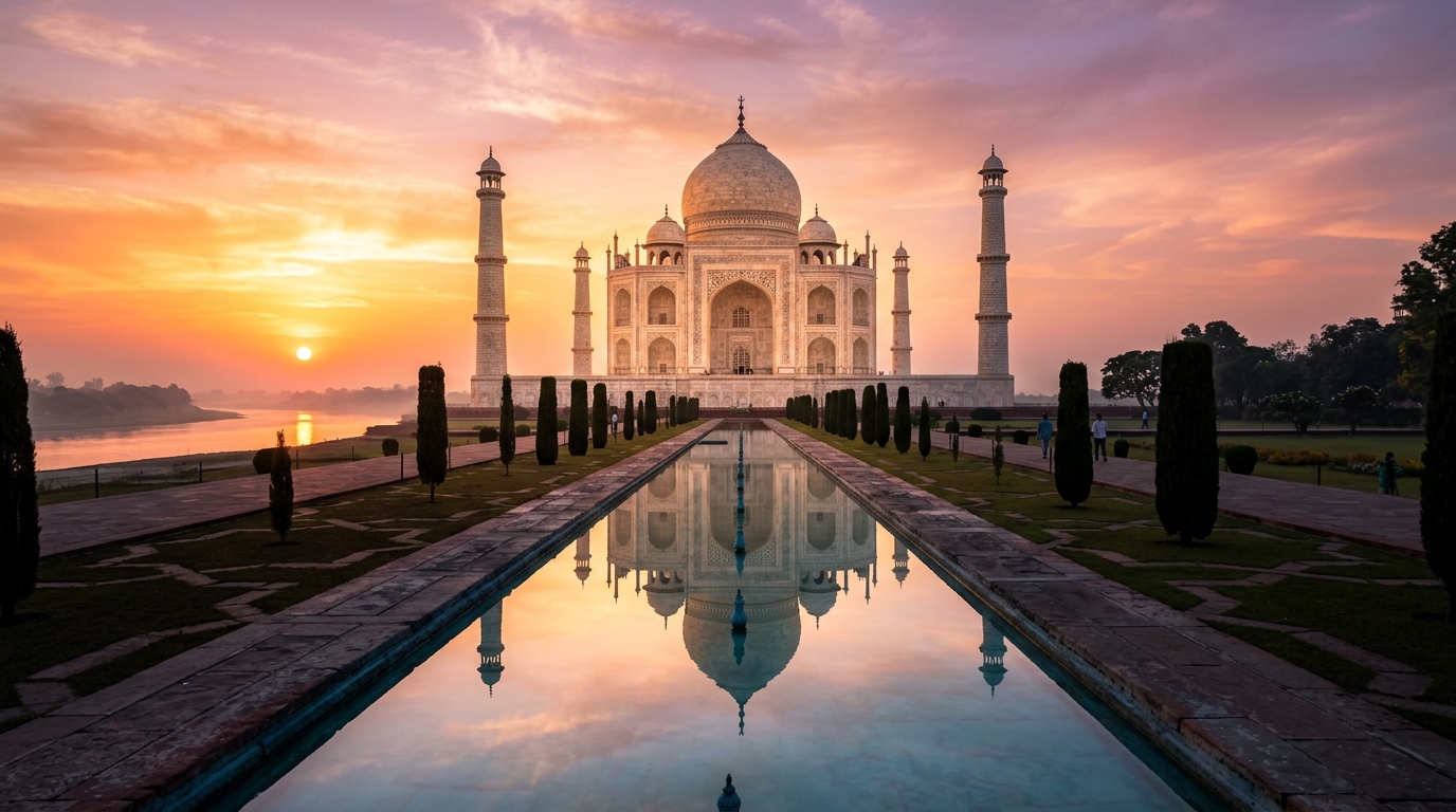 The Taj Mahal mausoleum at sunrise