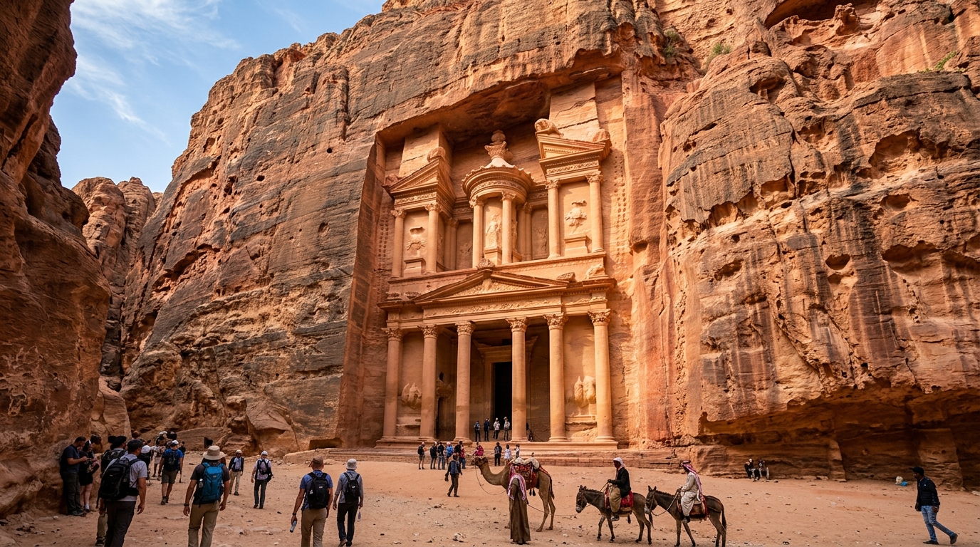 The Treasury building carved into the rock at Petra