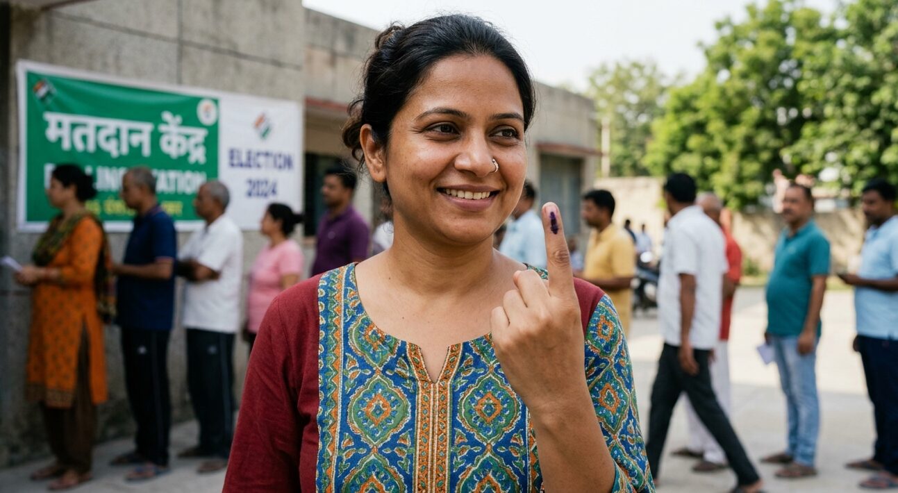 Voter displaying finger marked with indelible ink